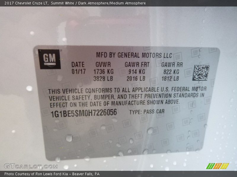 Summit White / Dark Atmosphere/Medium Atmosphere 2017 Chevrolet Cruze LT