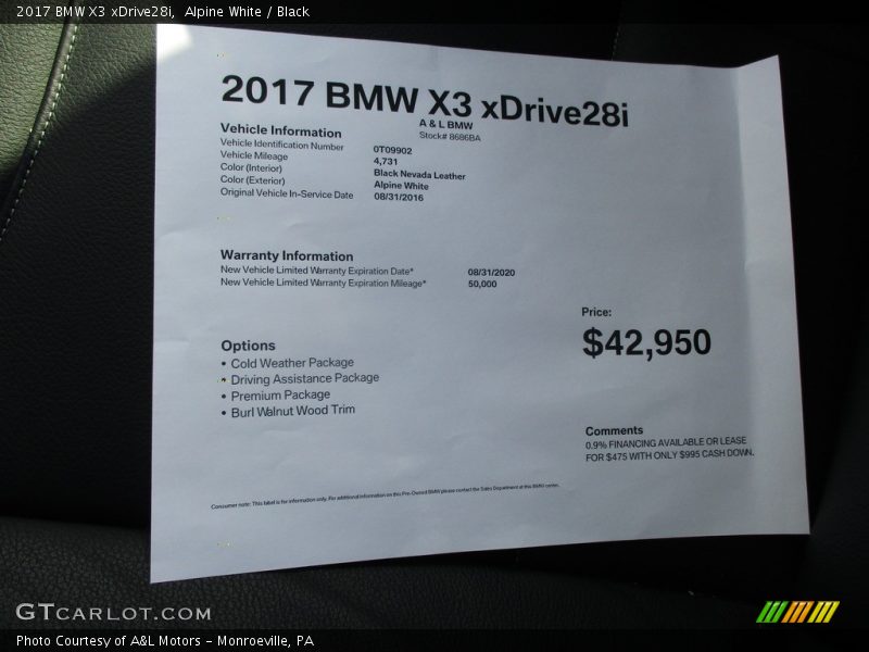 Alpine White / Black 2017 BMW X3 xDrive28i