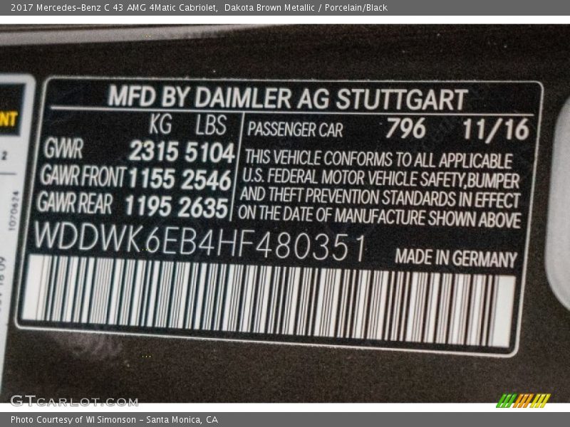 2017 C 43 AMG 4Matic Cabriolet Dakota Brown Metallic Color Code 796