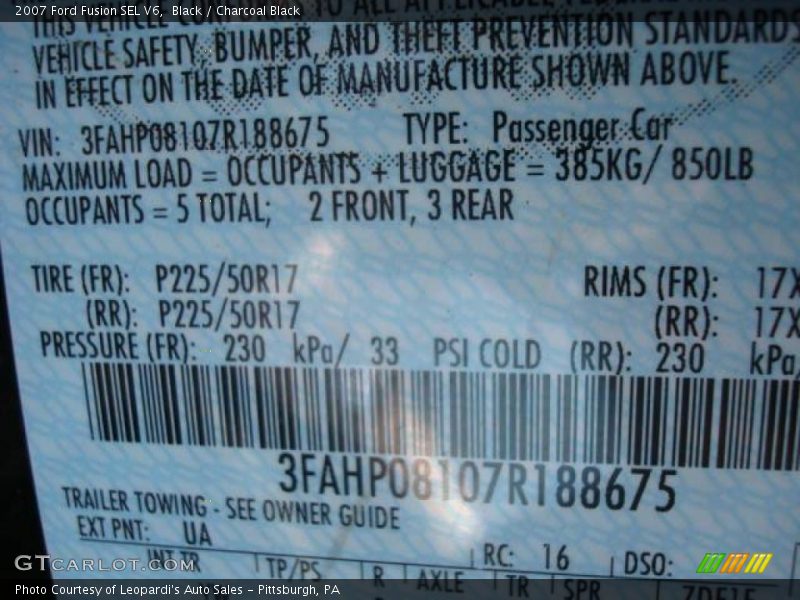 Black / Charcoal Black 2007 Ford Fusion SEL V6