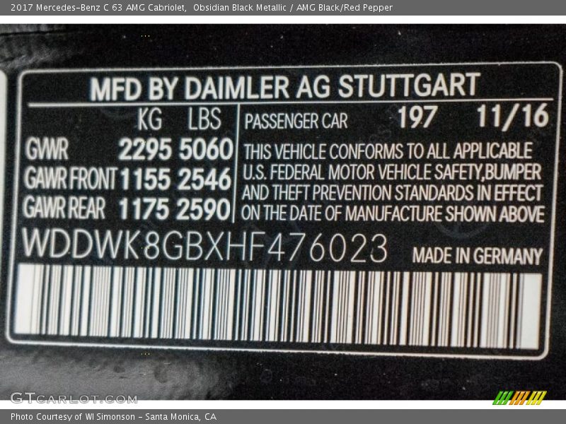 2017 C 63 AMG Cabriolet Obsidian Black Metallic Color Code 197