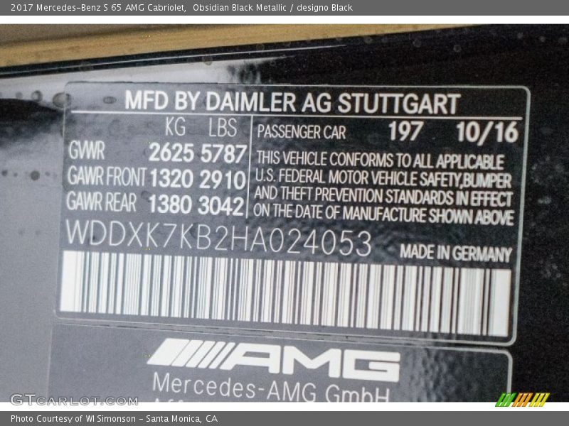 2017 S 65 AMG Cabriolet Obsidian Black Metallic Color Code 197