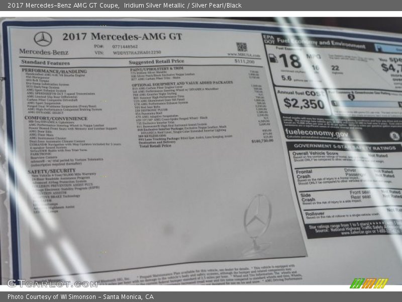  2017 AMG GT Coupe Window Sticker