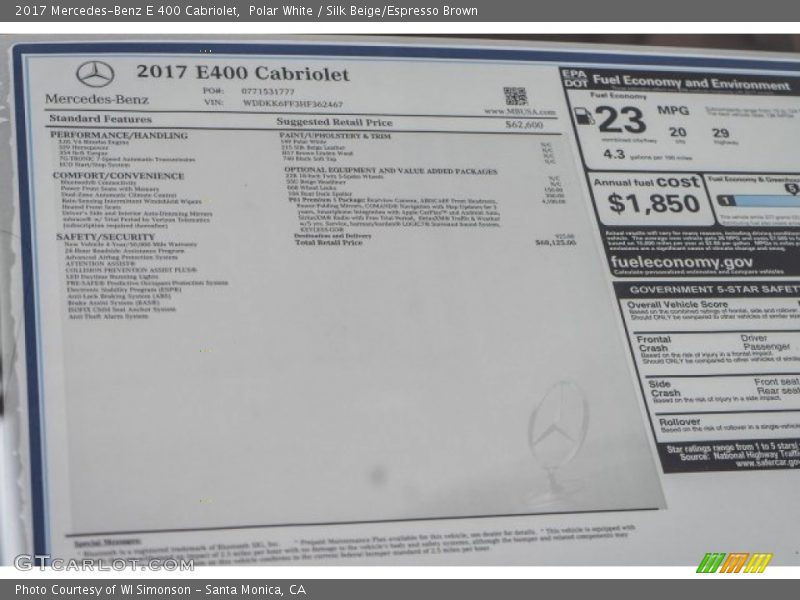  2017 E 400 Cabriolet Window Sticker