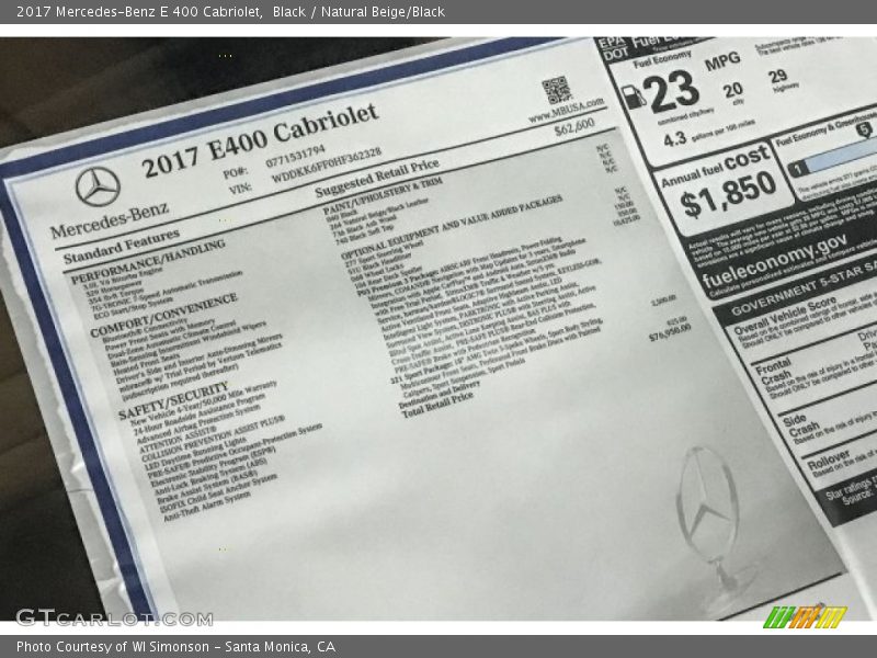  2017 E 400 Cabriolet Window Sticker