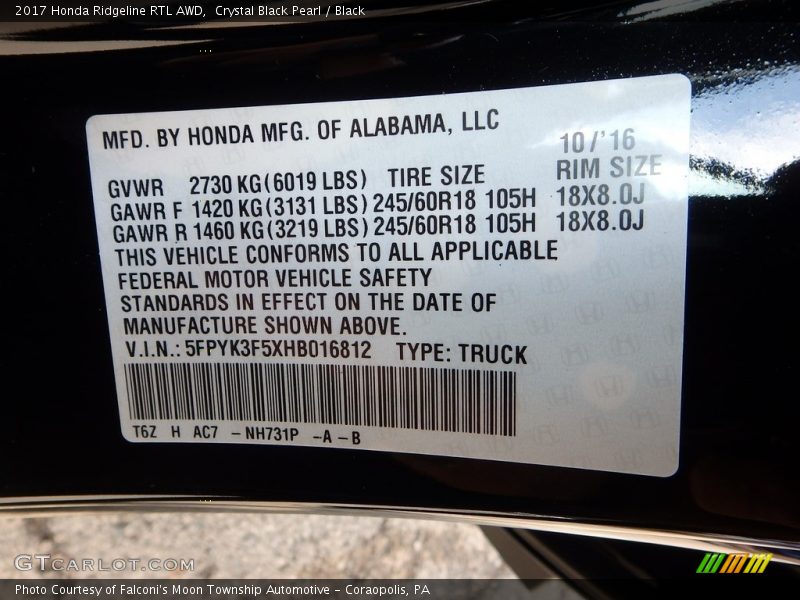 Crystal Black Pearl / Black 2017 Honda Ridgeline RTL AWD