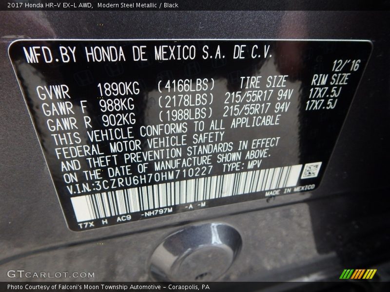 2017 HR-V EX-L AWD Modern Steel Metallic Color Code NH797M