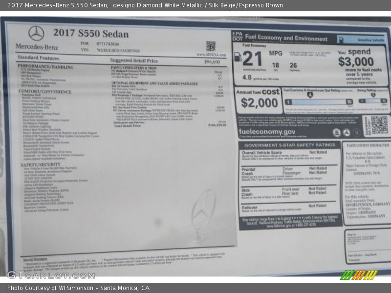  2017 S 550 Sedan Window Sticker