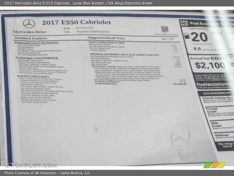  2017 E 550 Cabriolet Window Sticker