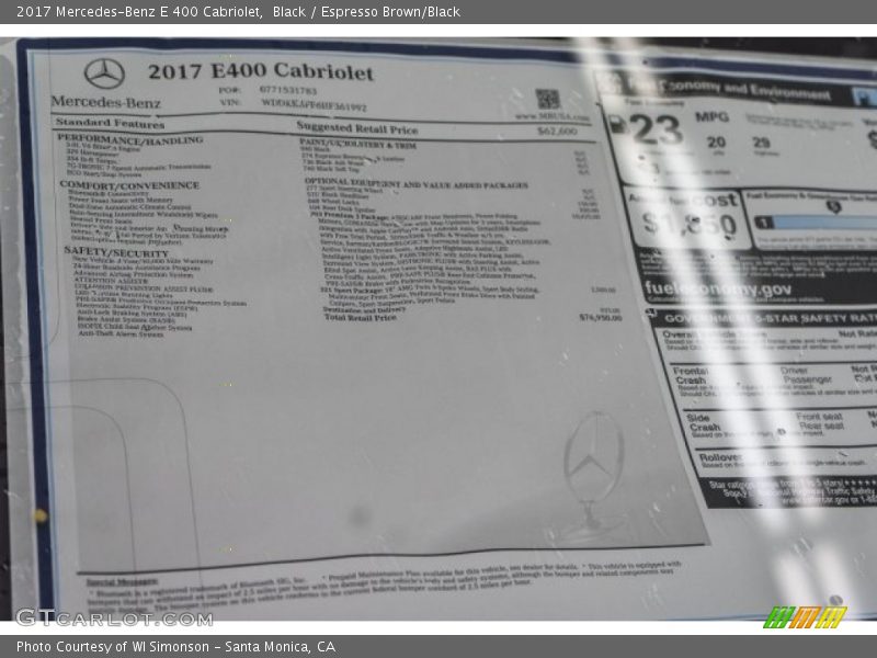  2017 E 400 Cabriolet Window Sticker