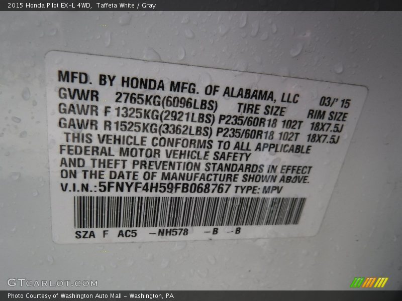 Taffeta White / Gray 2015 Honda Pilot EX-L 4WD