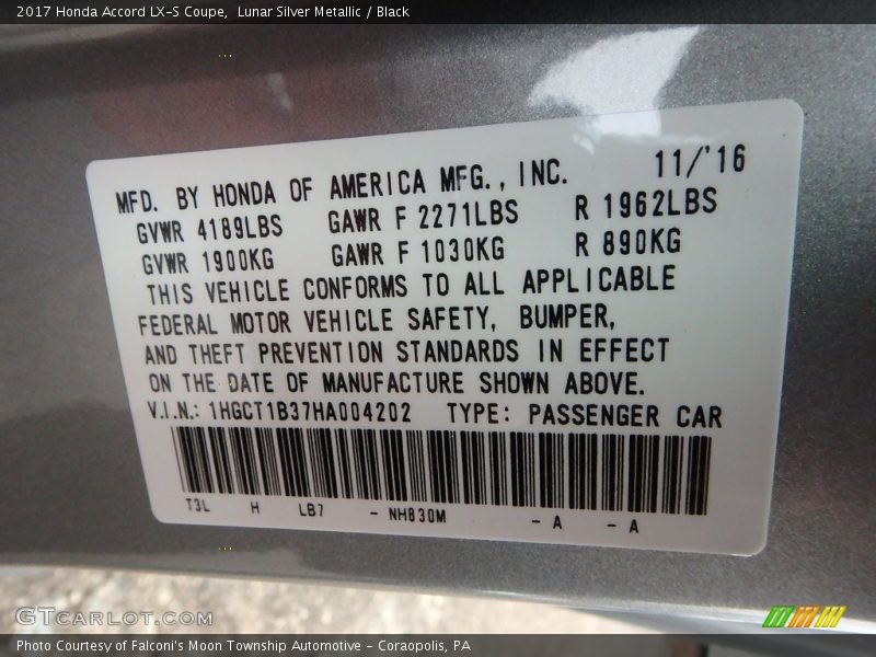 2017 Accord LX-S Coupe Lunar Silver Metallic Color Code NH830M