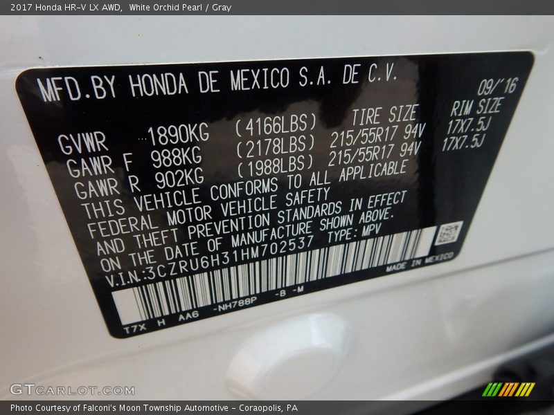 White Orchid Pearl / Gray 2017 Honda HR-V LX AWD
