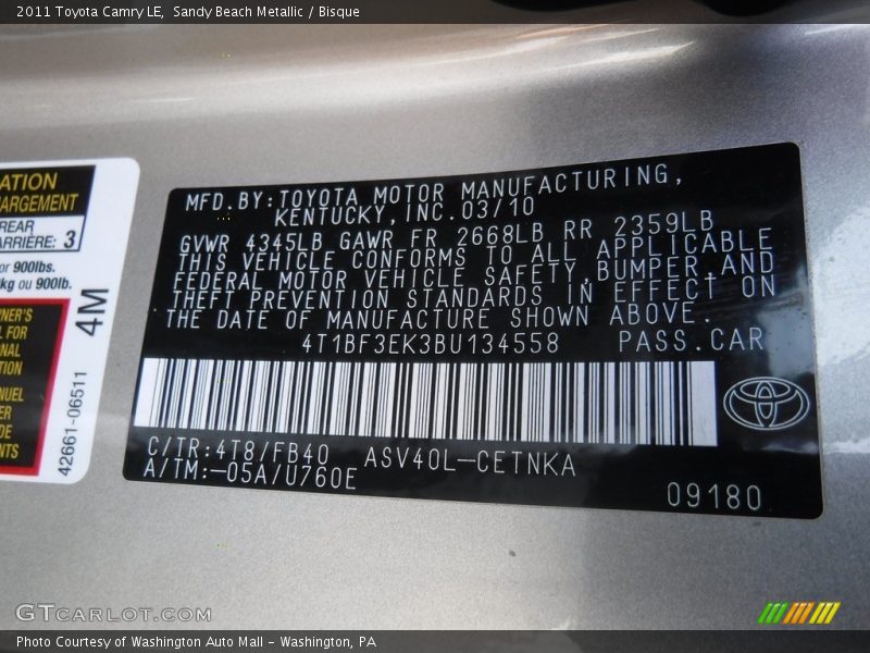 Sandy Beach Metallic / Bisque 2011 Toyota Camry LE