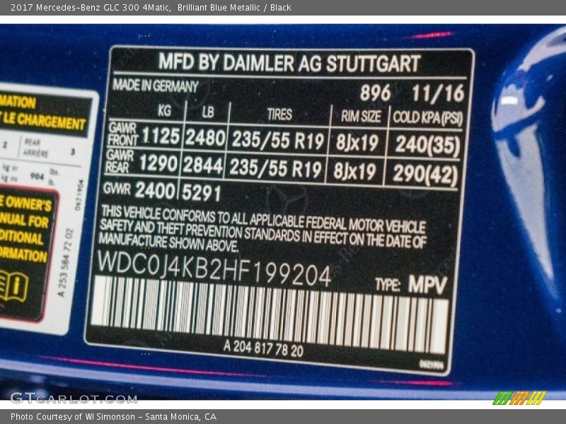 2017 GLC 300 4Matic Brilliant Blue Metallic Color Code 896