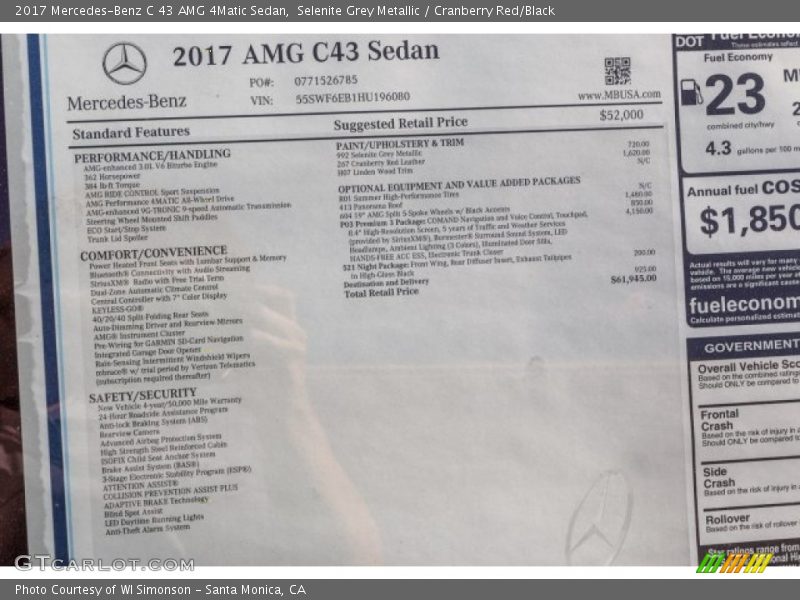  2017 C 43 AMG 4Matic Sedan Window Sticker