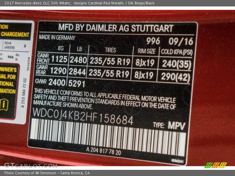 2017 GLC 300 4Matic designo Cardinal Red Metallic Color Code 996
