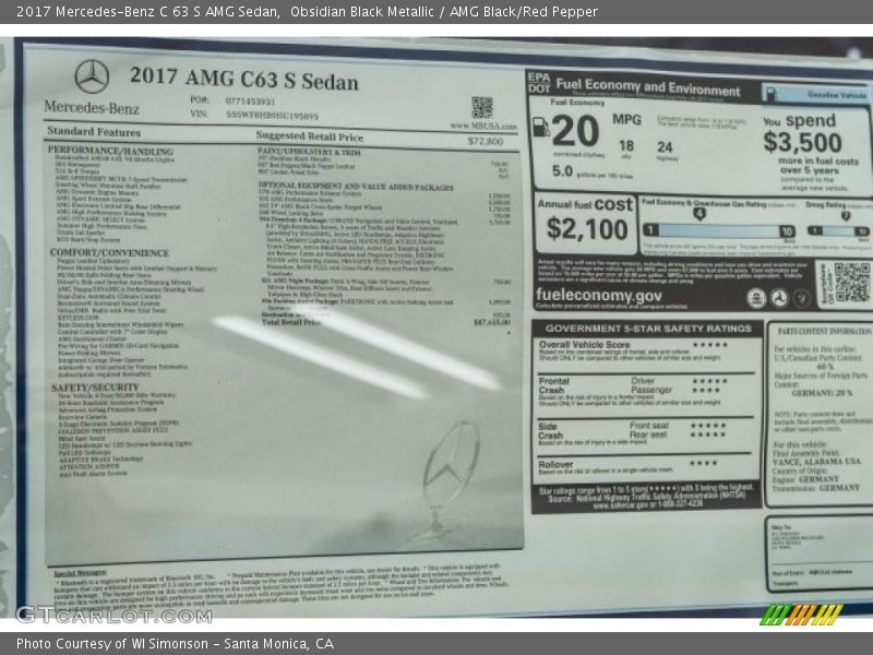  2017 C 63 S AMG Sedan Window Sticker