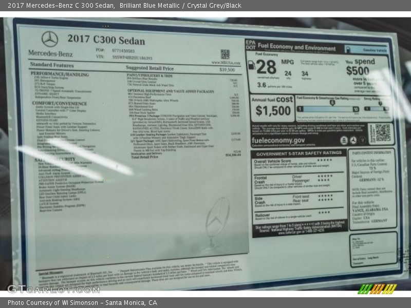 Brilliant Blue Metallic / Crystal Grey/Black 2017 Mercedes-Benz C 300 Sedan