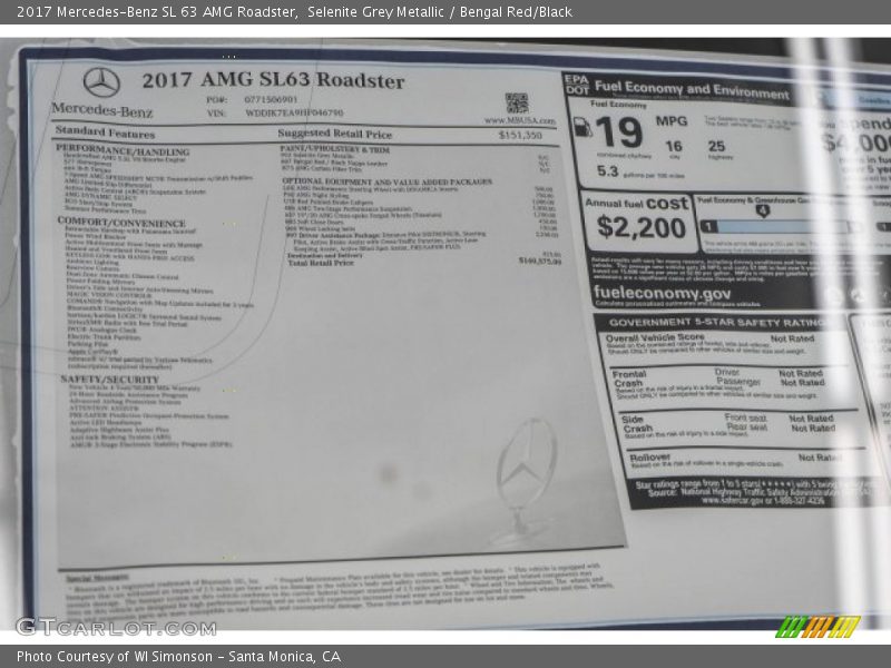  2017 SL 63 AMG Roadster Window Sticker