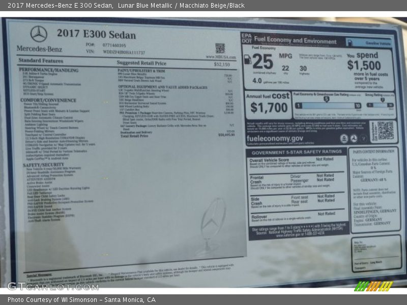Lunar Blue Metallic / Macchiato Beige/Black 2017 Mercedes-Benz E 300 Sedan
