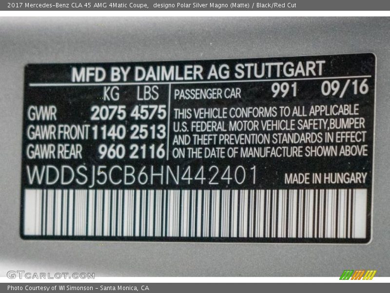 2017 CLA 45 AMG 4Matic Coupe designo Polar Silver Magno (Matte) Color Code 991