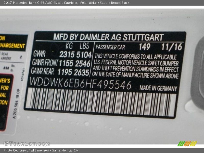 2017 C 43 AMG 4Matic Cabriolet Polar White Color Code 149