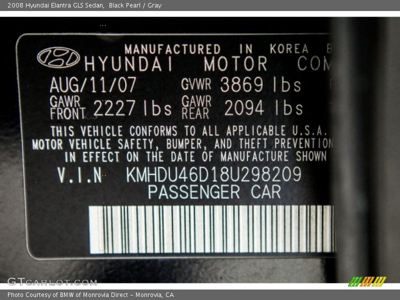 Black Pearl / Gray 2008 Hyundai Elantra GLS Sedan