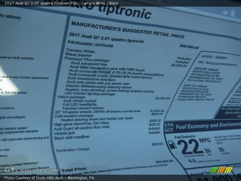  2017 Q7 3.0T quattro Premium Plus Window Sticker