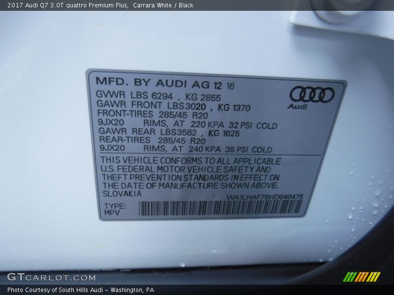 Carrara White / Black 2017 Audi Q7 3.0T quattro Premium Plus