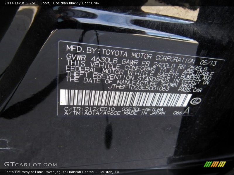 Obsidian Black / Light Gray 2014 Lexus IS 250 F Sport