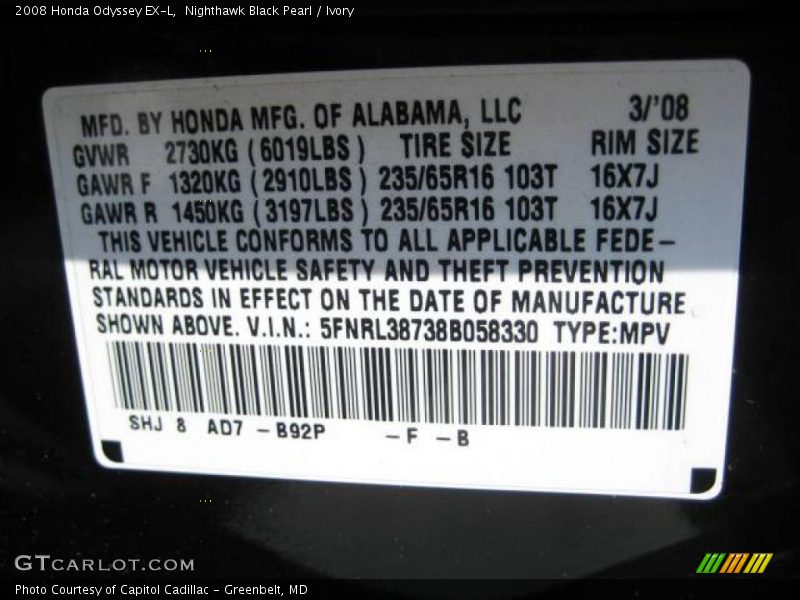Nighthawk Black Pearl / Ivory 2008 Honda Odyssey EX-L