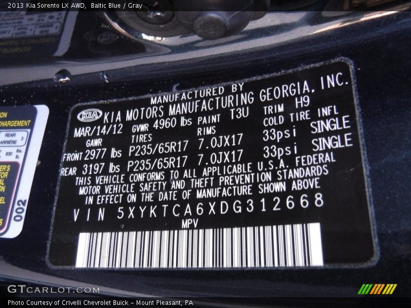 Baltic Blue / Gray 2013 Kia Sorento LX AWD