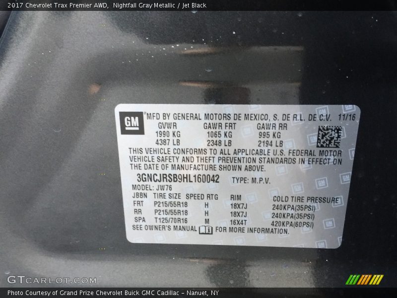 Nightfall Gray Metallic / Jet Black 2017 Chevrolet Trax Premier AWD