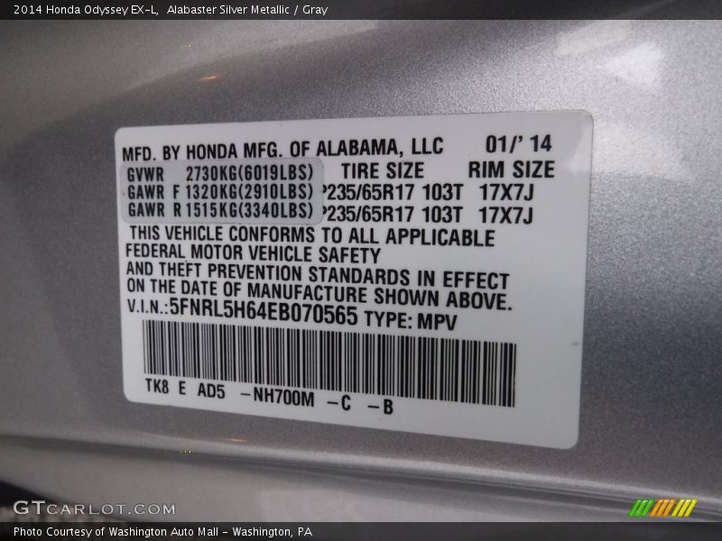 Alabaster Silver Metallic / Gray 2014 Honda Odyssey EX-L