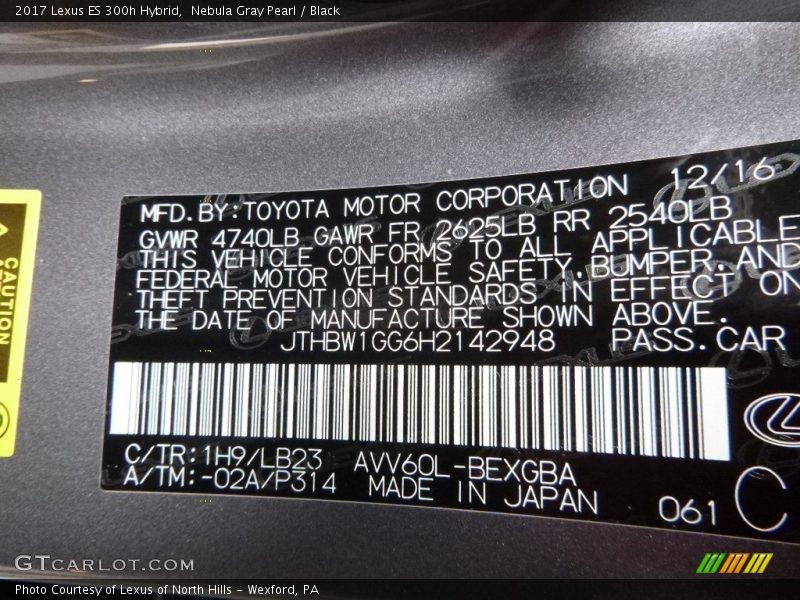 Nebula Gray Pearl / Black 2017 Lexus ES 300h Hybrid