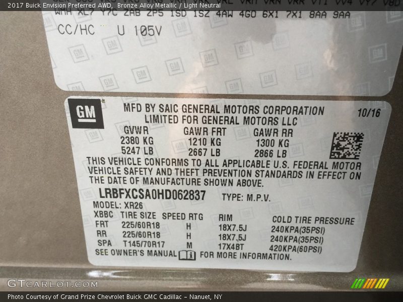 Bronze Alloy Metallic / Light Neutral 2017 Buick Envision Preferred AWD
