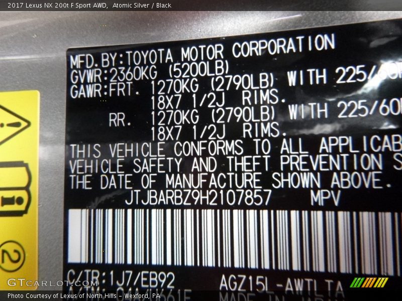 2017 NX 200t F Sport AWD Atomic Silver Color Code 1J7