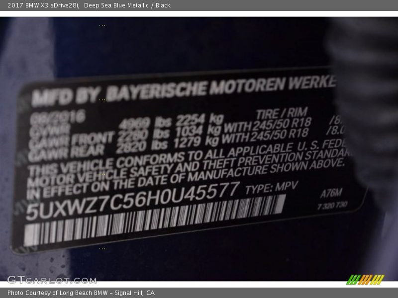 Deep Sea Blue Metallic / Black 2017 BMW X3 sDrive28i