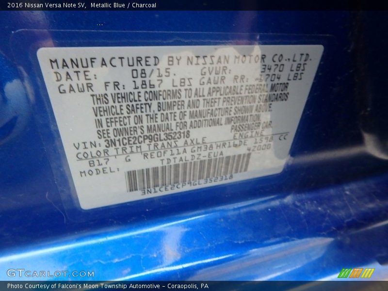 Metallic Blue / Charcoal 2016 Nissan Versa Note SV