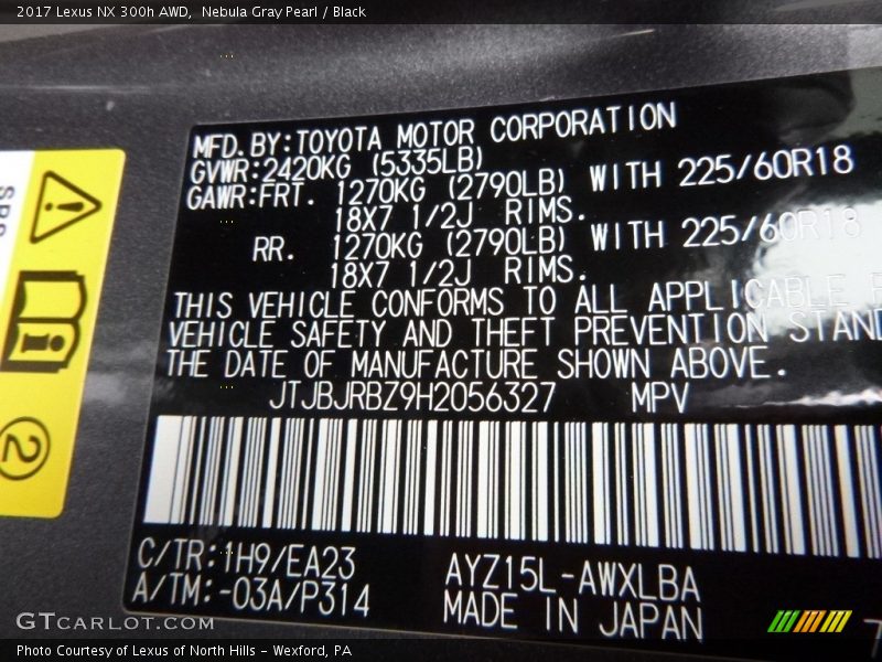 2017 NX 300h AWD Nebula Gray Pearl Color Code 1H9
