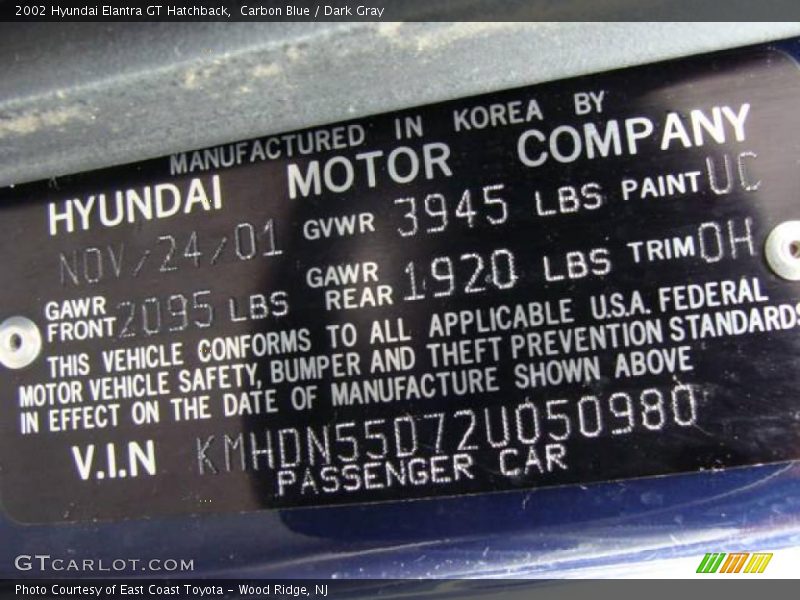 Carbon Blue / Dark Gray 2002 Hyundai Elantra GT Hatchback
