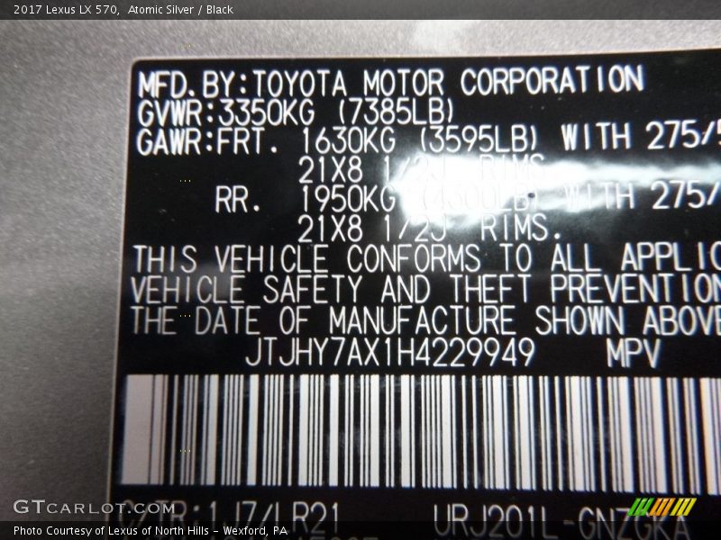 2017 LX 570 Atomic Silver Color Code 1J7
