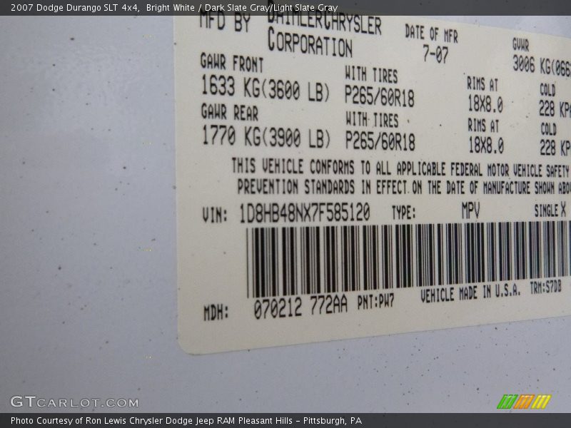Bright White / Dark Slate Gray/Light Slate Gray 2007 Dodge Durango SLT 4x4