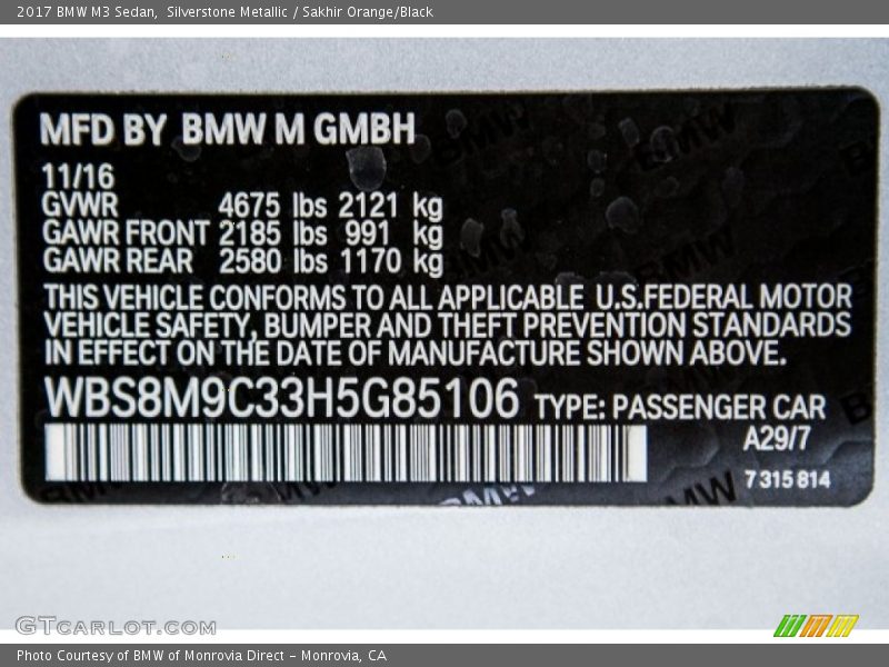 2017 M3 Sedan Silverstone Metallic Color Code A29