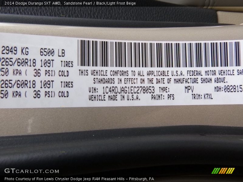 Sandstone Pearl / Black/Light Frost Beige 2014 Dodge Durango SXT AWD