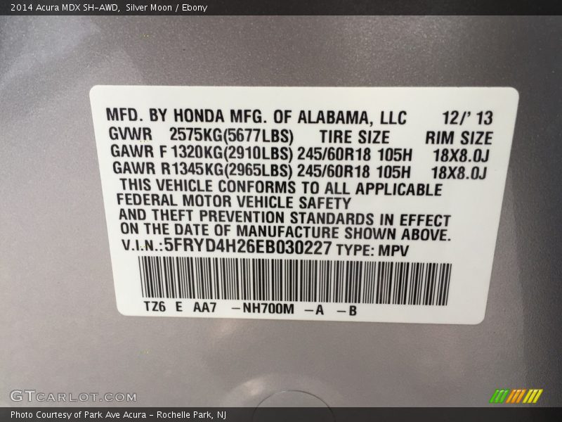 Silver Moon / Ebony 2014 Acura MDX SH-AWD