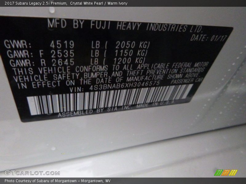 Crystal White Pearl / Warm Ivory 2017 Subaru Legacy 2.5i Premium