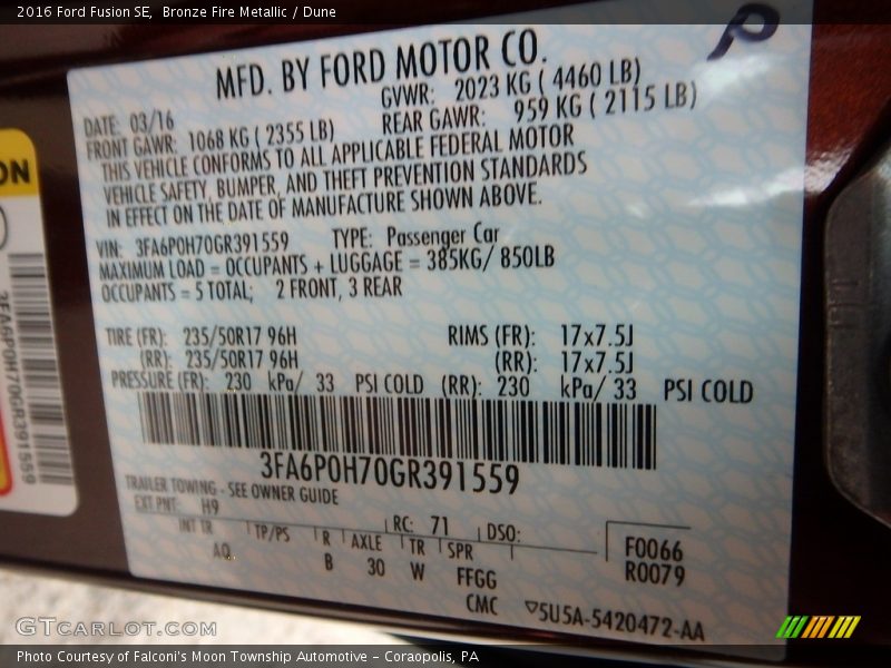 Bronze Fire Metallic / Dune 2016 Ford Fusion SE