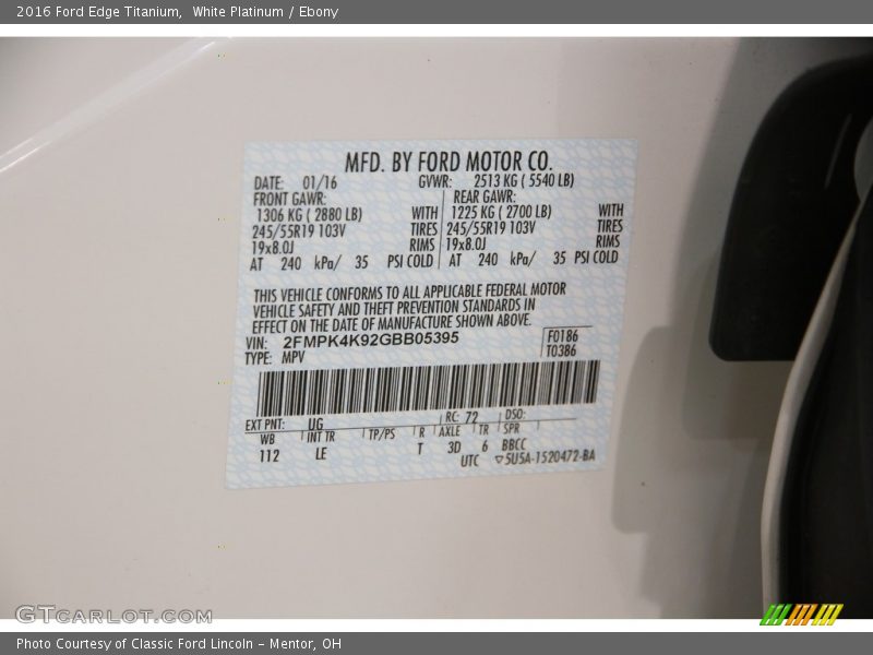 White Platinum / Ebony 2016 Ford Edge Titanium